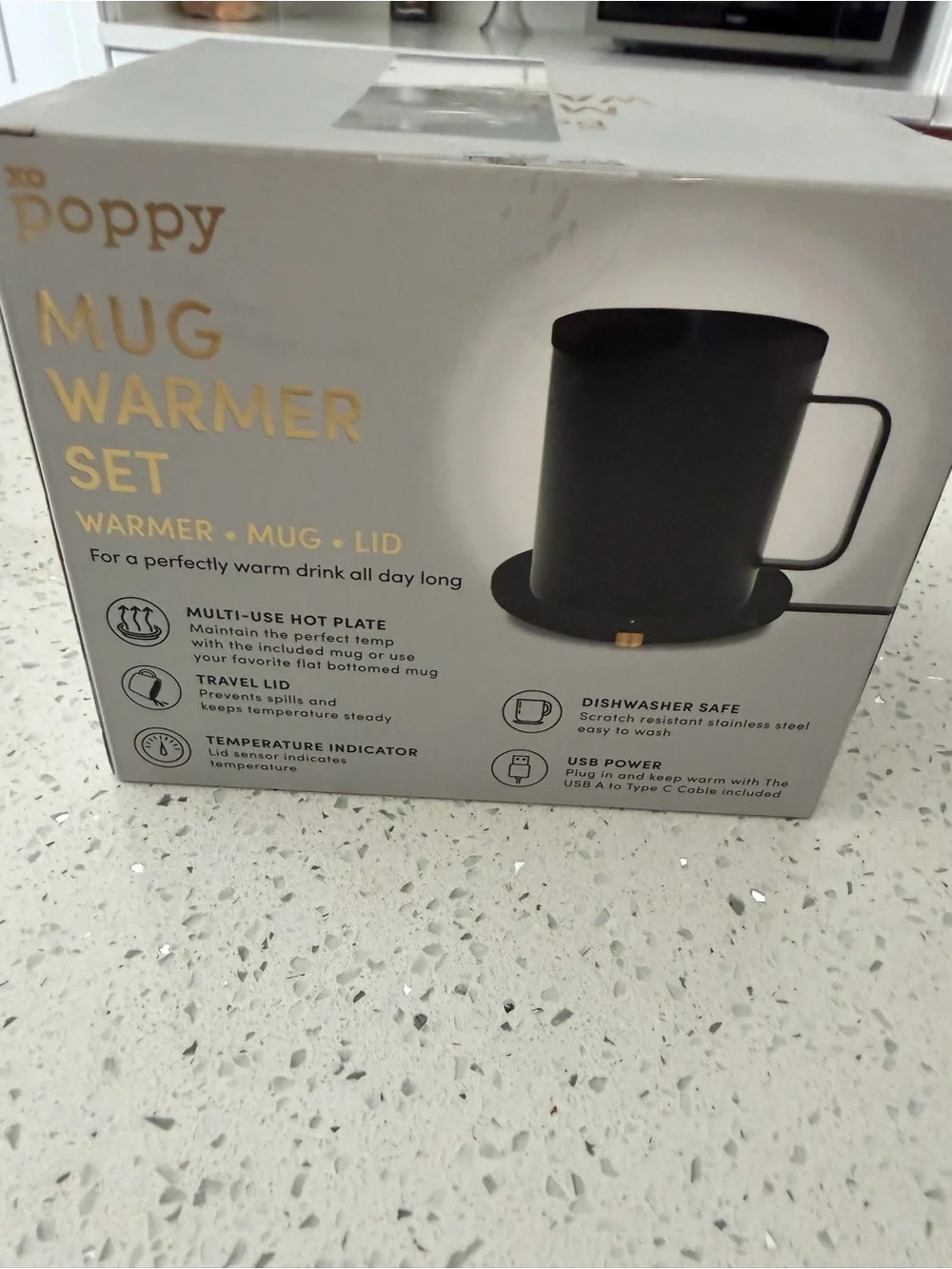 XO Poppy Black Mug Warmer Set with USB-Powered Base